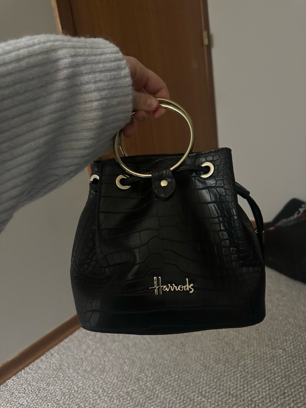 Harrods Black Croc-Embossed Gold Ring Handle Mini Bucket Bag